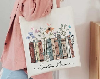 Custom Books & Name Library Canvas Tote Bag, Personalized Floral Bookish Bag, Gift Bag for Book Lover, Reader Tote Bag, Librarian Gifts Bag
