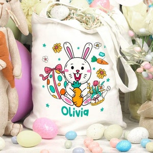 Personalized Cute Rabbit Easter Canvas Tote Bag, Bunny Easter Egg Hunt Bag, Family Easter Basket, Custom Kids Name Happy Easter Day Basket