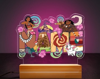 Custom Name Disney Moana Night Light, Disney Princess Moana Birthday Girl Room Decor, WDW Disneyland Family Gift, Moana Maui Hei Hei Pua