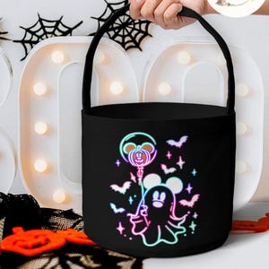 Neon Mickey Ghost Pumpkin Disney Halloween Basket, Mickey&#39;s Not So Scary Halloween Party, Trick or Treat Kids Candy Basket, Family Halloween