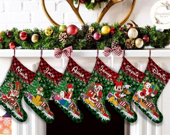Personalized Buffalo Plaid Disney Christmas Stockings With Name, Disney Family Christmas Gift 2023, Mickey and Friends Christmas Tree Decor