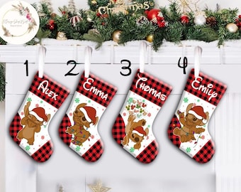 Personalized Stitch Gingerbread Christmas Stockings, Buffalo Plaid Disney Christmas Stocking, Stitch Family Christmas Stocking With Name