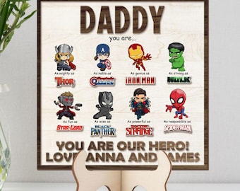 Placa de madera personalizada para el Día del Padre con el superhéroe de Disney Marvel, regalo para el Día del Padre, regalo de cumpleaños para papá de parte de su hija o hijo.