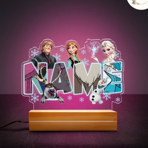 Personalized Disney Frozen Night Light, Custom Name Disney Princess Elsa Anna Birthday Girl Gift, WDW Disneyland Olaf Baby Girl Room Decor