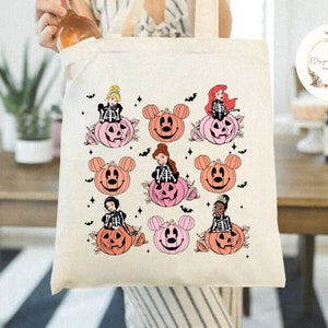 Disney Princess Skeleton Pumpkin Trick or Treat Halloween Canvas Tote Bag, Disney Girl Trip Halloween Party 2024 Candy Bag, Birthday Girl