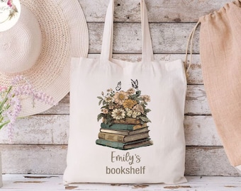 Custom Name Bookshelf Tote Bag, Book Club Tote Bag, Personalized Floral Bookish Bag, Gift Bag for Book Lover, Reader Tote Bag, Librarian Bag