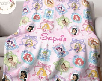 Personalized Watercolor Coquette Bows Disney Princess Blanket, Cinderella Rapunzel Baby Girl Trip Blanket, Princess Birthday Girl Blanket