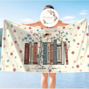 Personalized Floral Book Beach Towel, Custom Books & Name Library Gift for Book Lover, Favorite Book Reader Girl Trip Bath Pool Summer Trip