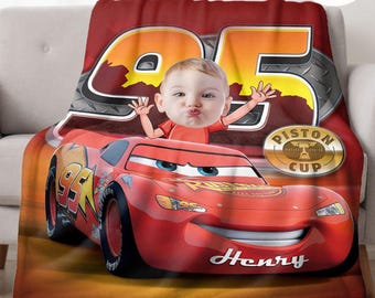 Personalized Disney Cars Blanket, Custom Photo & Name Lightning McQueen Sally Tow Mater Doc Hudson Cars Blanket, Family Cars Birthday Boy