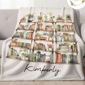 Personalized Floral Plant Book Blanket, Custom Name Library Gift for Book Lover, Favorite Book Blanket, Bookish Reader Birthday Girl Blanket