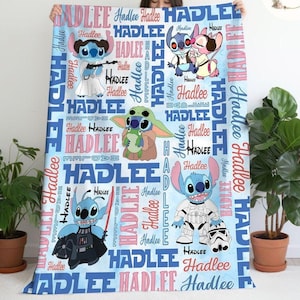 Personalized Watercolor Disney Stitch Cosplay Star Wars Blanket, Stitch & Angel Baby Blanket, Stitch Birthday Gift Stitch Ohana Means Family