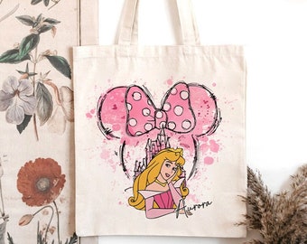 Personalized Watercolor Disney Princess Canvas Tote Bag, Minnie Ears Disneyland Princess Girl Trip Bag, Disney Family Vacation 2024 Gifts
