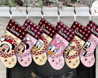 Personalized Red/Pink Plaid Mickey and Friends Checkered Disney Christmas Stockings With Name, Disney Family Christmas Lights Snacks 2023