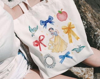 Watercolor Coquette Bows Disney Princess Canvas Tote Bag, WDW Disneyland Princess Girl Trip Bag, Princess Birthday Girl, Cinderella Belle