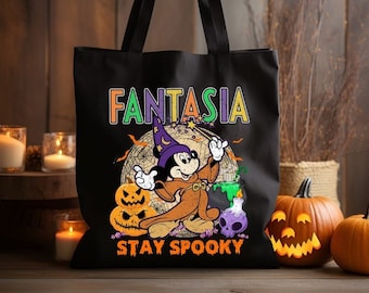 Mickey Fantasia Spooky Season Pumpkin Trick or Treat Disney Halloween Canvas Tote Bag, Mickey's Not So Scary Halloween Party 2024 Candy Bag