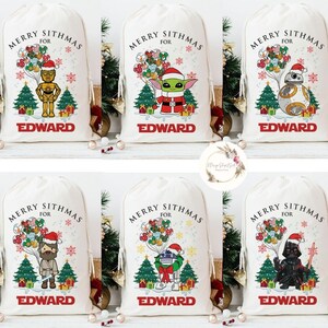 May include: Six white canvas gift bags with red and white text that reads "Merry Sithmas for Edward". Each bag features a different Star Wars character with a Christmas hat and balloons. The characters are C-3PO, Yoda, BB-8, Han Solo, R2-D2, and Darth Vader.
