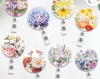 Personalized Floral Badge Reel, Flower Teacher Nurse Appreciation, Gift For Nurse Retractable ID Badge Holder, Mother Lanyard Gift for Her