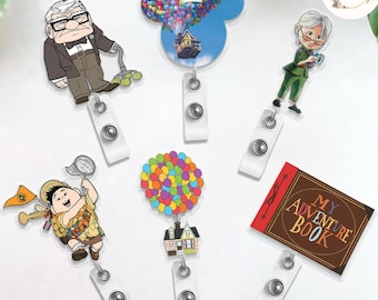 Disney Up Badge Reel, Paradise Falls Adventure Is Out There Carl Ellie Russell Dug Dog Kevin Retractable ID Badge Holder, Up House Balloons