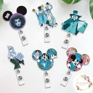 Personalized Mickey and Friends Disney Haunted Mansion Badge Reel, Welcome Foolish Mortals Hitchhiking Ghosts Retractable ID Badge Holder