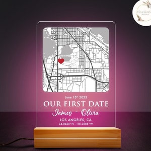 Carte de couple personnalisée Notre premier rendez-vous Valentine Night Light, Anniversaire de couple Joyeux cadeau de la Saint-Valentin, Lampe de carte de localisation, Cadeau pour elle