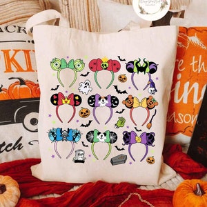 Mickey Headband Bows Trick or Treat Disney Halloween Canvas Tote Bag, Mickey&#39;s Not So Scary Halloween Party 2024, Disney Villains Candy Bag