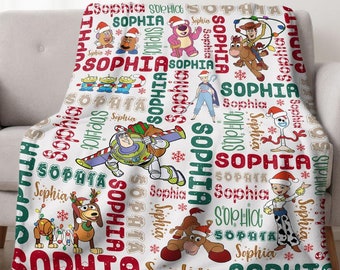 Personalized Disney Toy Story Christmas Blanket, Buzz Lightyear Woody Rex Very Merry Christmas Party Home Decor, Family Christmas Tree Gifts
