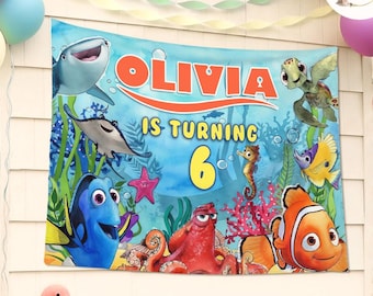 Tapices de pared personalizados de Buscando a Nemo de Disney para cumpleaños, fondo de Buscando a Dory, Marlin y Nemo para niño, pancarta de cumpleaños para niña, decoración para fiestas