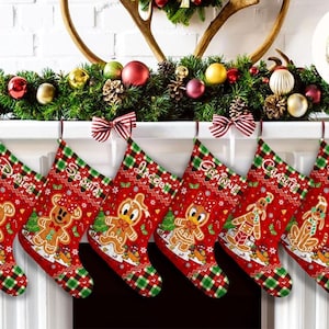 Personalized Mickey and Friends Gingerbread Disney Christmas Stockings, Red Green Plaid Family Christmas Stockings With Name Home Decoration