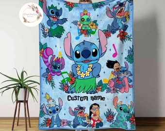 Personalized Watercolor Disney Stitch Blanket, WDW Disneyland Lilo & Stitch Angel Sketch Birthday Gift, Ohana Means Family Kids Adult Decor