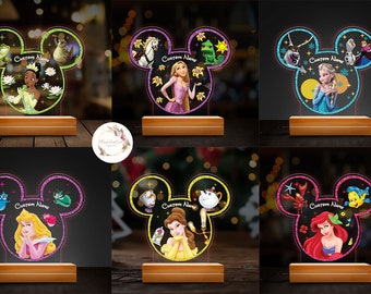 Nombre personalizado Princesas Disney Luz Nocturna, Belle Rapunzel Anna Elsa Tiana Aurona Jasmine Cenicienta Luz Nocturna, Regalos de cumpleañera