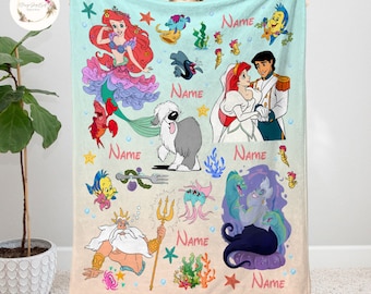 Personalized Watercolor Disney The Little Mermaid Blanket, Disney Ariel Princess Blanket, Flounder Ursula Sebastian, Adult Kids Blanket