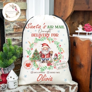 Santa&#39;s Air Mail Delivery Sack, Christmas Sack Bags, Santa Presents Sack, Christmas Treat Bags, Personalized Sack Bag, Drawstring Xmas Sacks