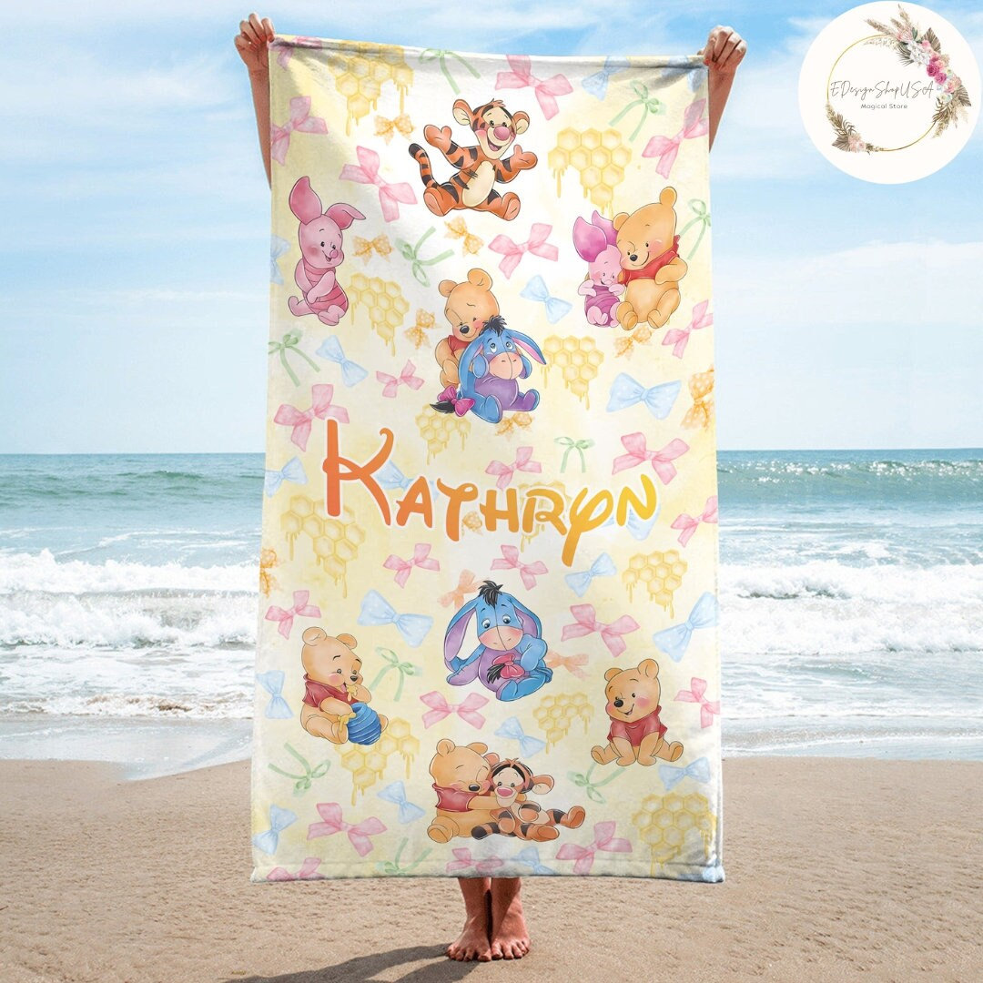 Personalized Watercolor Coquette Bows Disney Winnie the Pooh Beach Towel Custom Pooh Bear Birthday Boy Bath Pool Summer Trip Piglet Tigger Etsy