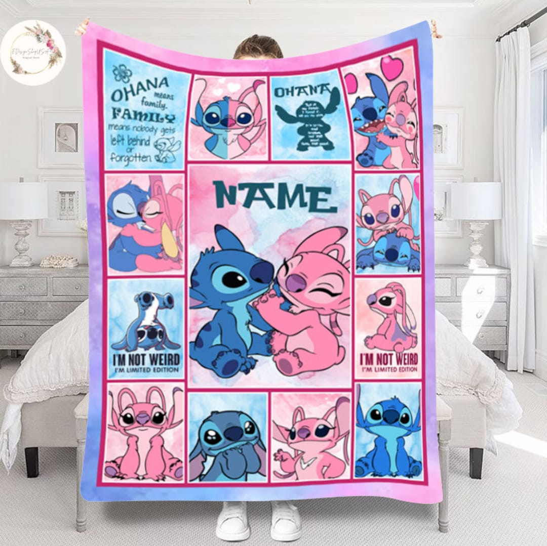 Personalized Name Stitch Angel Blanket, Custom Disney Blanket, Stitch