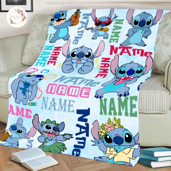Personalized Watercolor Stitch Blanket, Kid Name Blanket, Cartoon Movie Blanket, Disney Stitch Blanket, Custom Stitch Birthday Gift