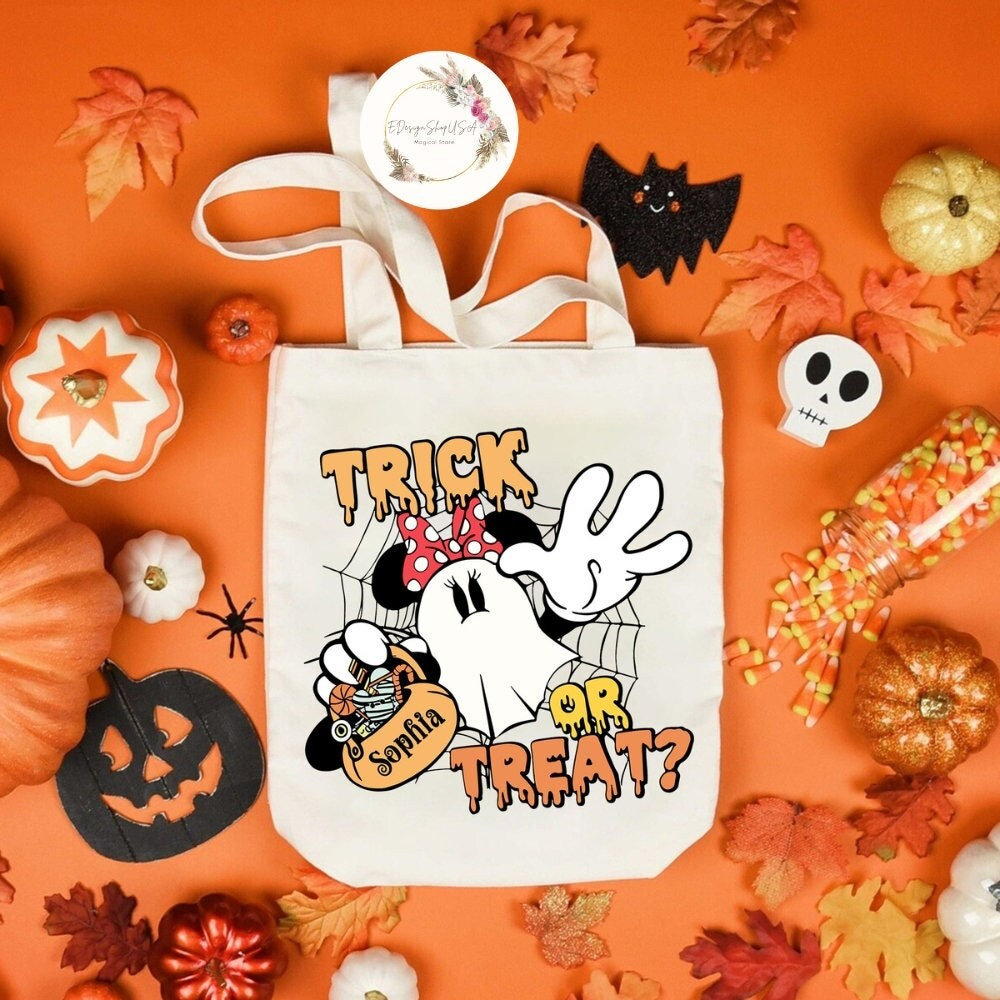 Two sided Mickey and Friends Ghost Trick or Treat Disney Halloween Canvas Tote Bag Personalized WDW Disneyland Family Halloween Candy Bag Etsy