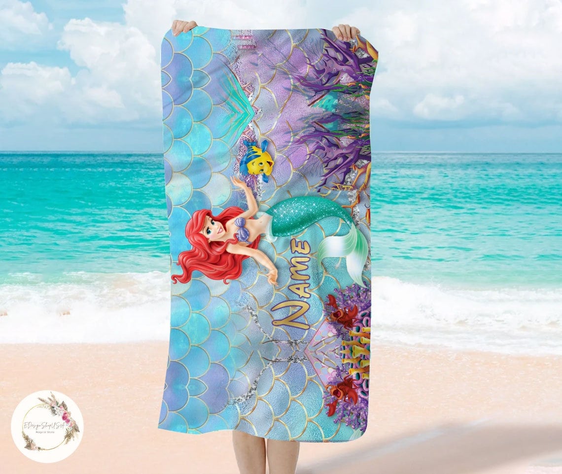 Personalized Disney the Little Mermaid Beach Towel Ariel Disney Princess Summer Beach Trip Towel WDW Disneyland Family Summer 2024 Etsy