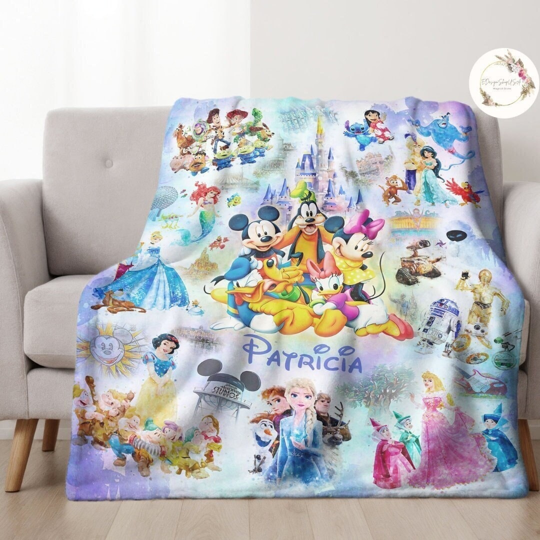 Personalized Watercolor Disney Blanket, WDW Disneyland Castle Mickey