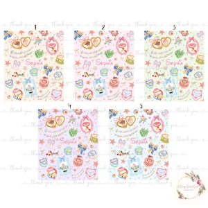 May include: Five different patterns featuring a pink, blue, and green color scheme with a variety of images including stars, hearts, bows, and a girl's name "Sophia".