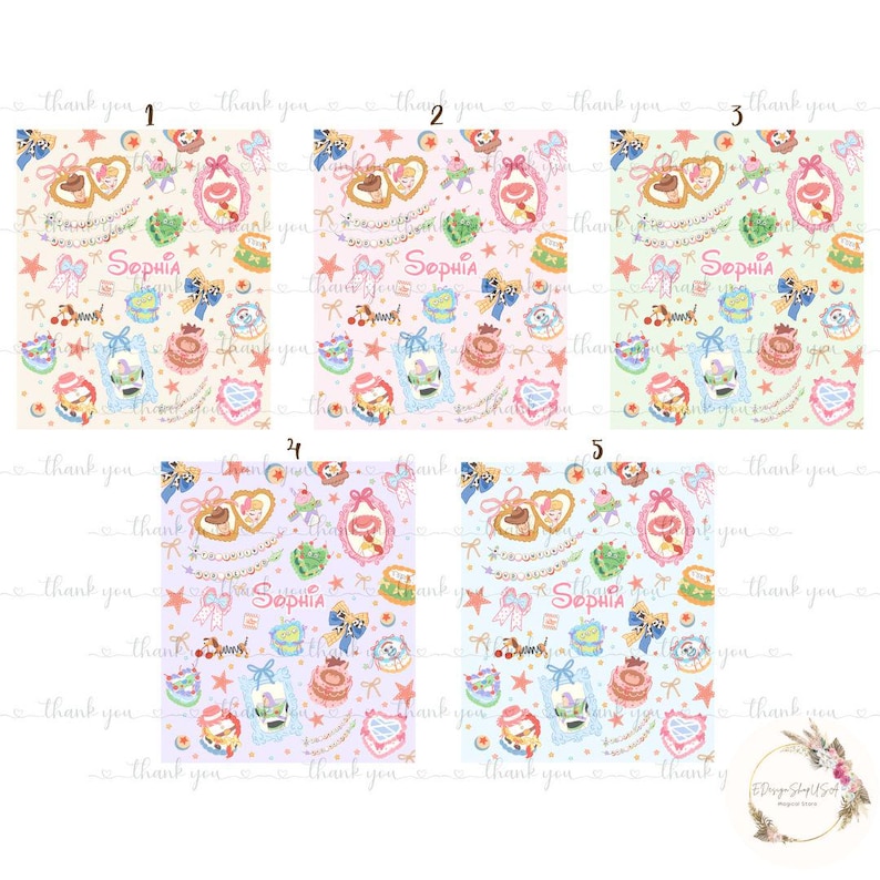 May include: Five different patterns featuring a pink, blue, and green color scheme with a variety of images including stars, hearts, bows, and a girl's name "Sophia".