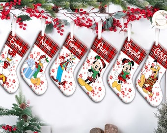 Personalized Buffalo Plaid Disney Christmas Stockings, Mickey and Friends Christmas Stockings With Name, Disney Family Christmas Gifts 2024