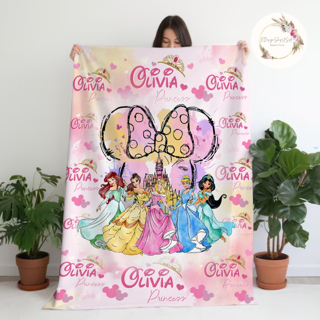 Personalized Watercolor Disney Princess Blanket, Custom Name Baby Girl
