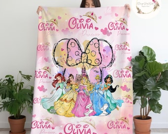Personalized Watercolor Disney Princess Blanket, Custom Name Baby Girl Blanket, Disney Princess Birthday Girl, WDW Disneyland Girl Trip Gift