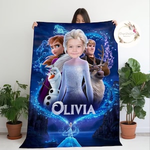Personalized Custom Photo Disney Frozen Blanket, Custom Name & face Blanket, Princess Elsa Anna Blanket, Birthday Girl Gift, Kids Blanket