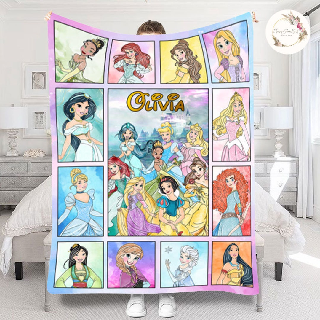 Personalized Watercolor Disney Princesses Blanket, Princess Name Blanket, Disney Birthday