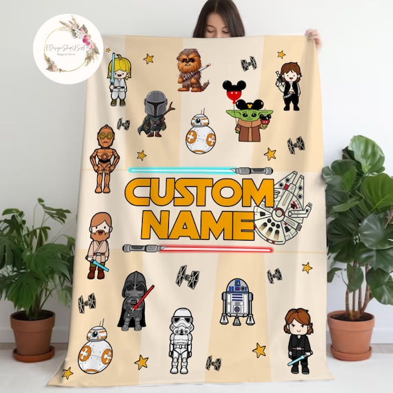 Personalized Custom Name Star Wars Blanket, Star Wars Characters Blanket, Birthday Gift, Custom Galaxy Edge Blanket, Darth Vader At At BB8