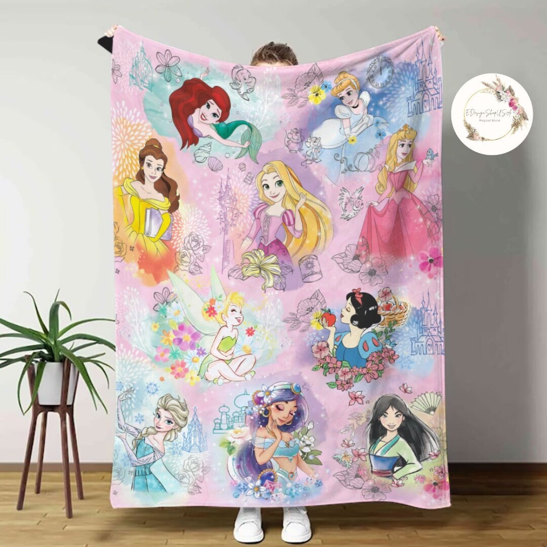 Personalized Watercolor Disney Princess Blanket, Custom Name Baby Girl