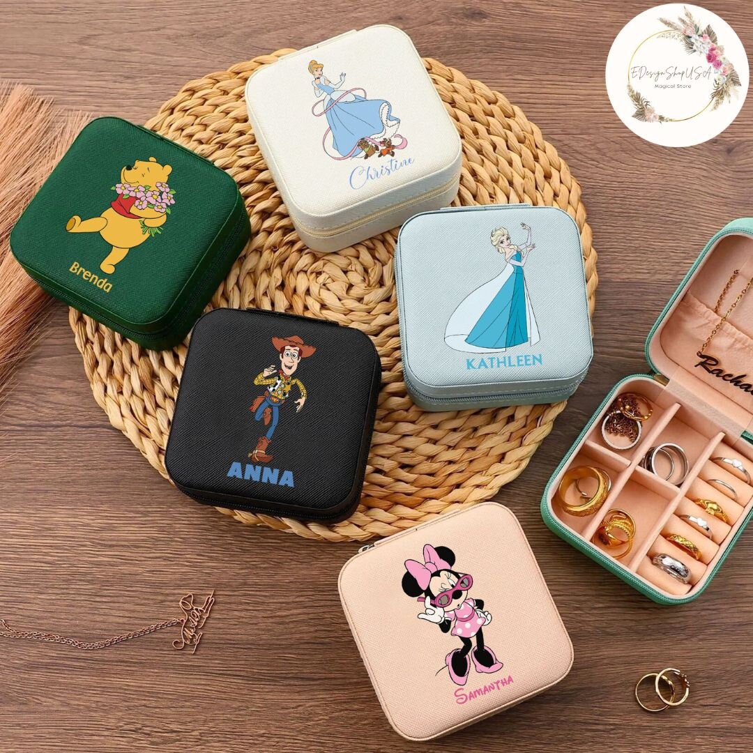 Personalized Floral All Characters Disney Jewelry Box, Mickey and Friends Stitch Pooh Toy Story Accessory Box, Disney Princess Birthday Girl