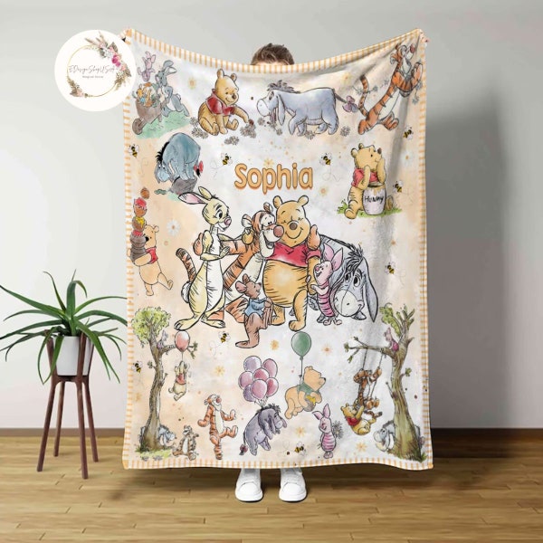 Personalized Watercolor Winnie the Pooh blanket, Pooh Bear and friends blanket, Birthday gift for her/him, Kids Adults blanket