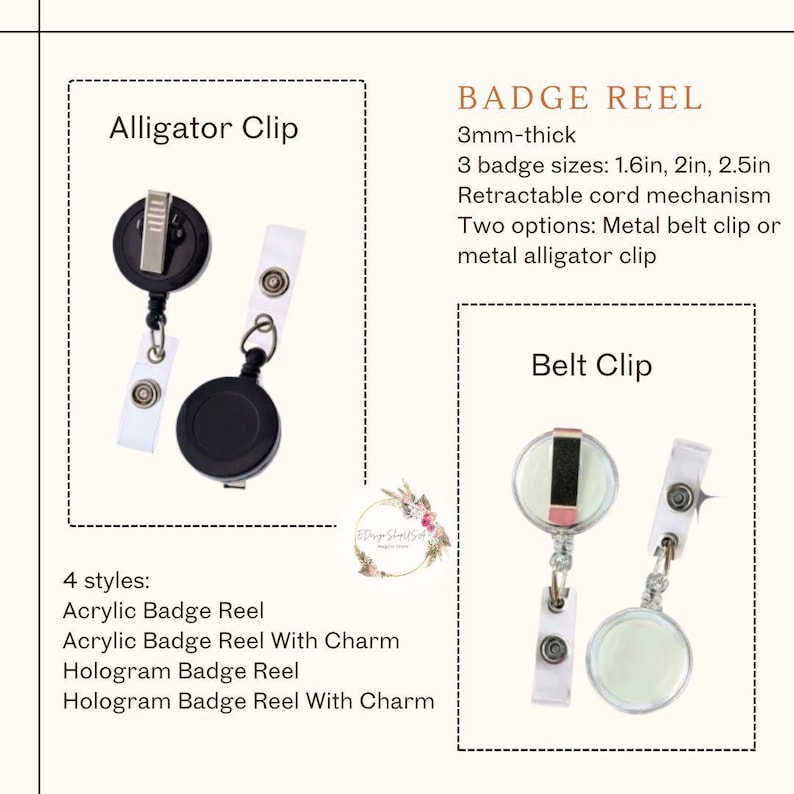 Puede incluir: Imagen de portatarjetas con pinzas de cocodrilo y de cintur&oacute;n. Los portatarjetas tienen 3 mm de grosor y vienen en tres tama&ntilde;os: 4,06 cm, 5,08 cm y 6,35 cm. La imagen tambi&eacute;n enumera cuatro estilos: Acr&iacute;lico, Acr&iacute;lico con Charm, Holograma y Holograma con Charm.